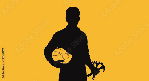 Silhouette of a construction worker holding a hard hat and tools against a yellow background.