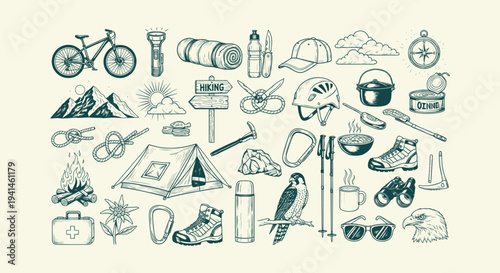 Vintage Hand Drawn Hiking and Camping Equipment Illustration Set for Outdoor Adventure and Trekking