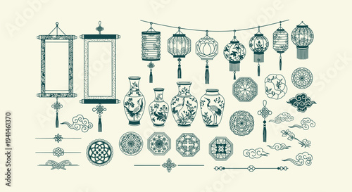 Traditional Chinese Cultural Decorative Elements Set of Lanterns Vases Scrolls and Auspicious Clouds