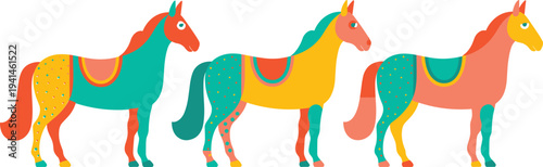 Decorative horse character set with unique artistic patterns and vibrant color palette for nursery decor and playful equestrian branding