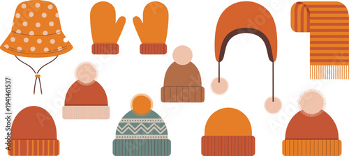 Decorative seasonal clothing vector icons with various knit patterns and warm colors for cold weather fashion design concepts