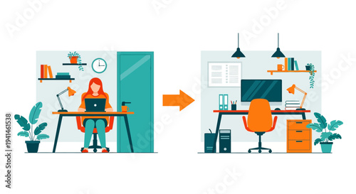 Hybrid work vector illustrations of workspace transition