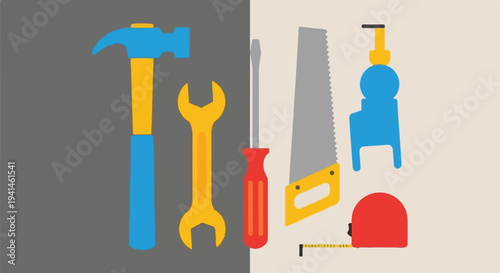 Collection of colorful hand tools for home improvement and DIY projects, including a hammer, wrench, screwdriver, saw, tape measure, and pliers.