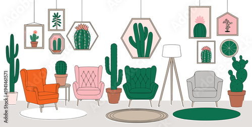 Elegant interior design illustration set with comfortable seating tripod lamp and botanical wall decor isolated on white background