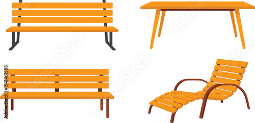 Elegant wooden seating vector illustrations for park and garden landscaping concepts with smooth minimalist aesthetic and thin strokes