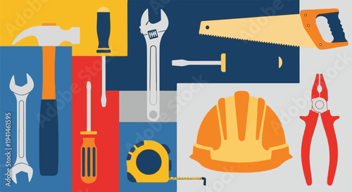 Collection of various construction and DIY tools arranged in a colorful geometric pattern.
