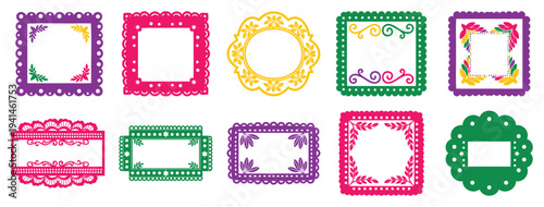 Mexican papel picado decorative frame set colorful traditional ornament border vector