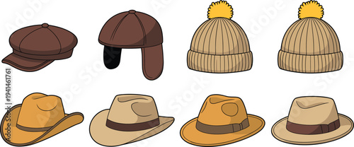 Hand drawn vector set of cute cartoon cats wearing red winter sweaters with heart and stripe patterns for seasonal greeting