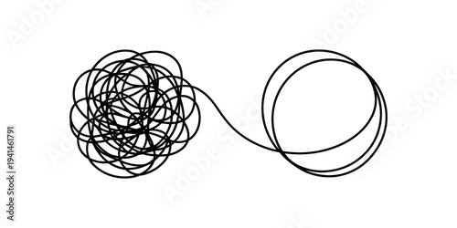 Tangled black lines forming a ball and a circle on white background tangled lines ball of lines