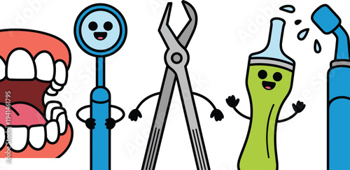 Kawaii dental character vector set featuring cute tooth mirror pliers and water flosser for pediatric dentistry and education