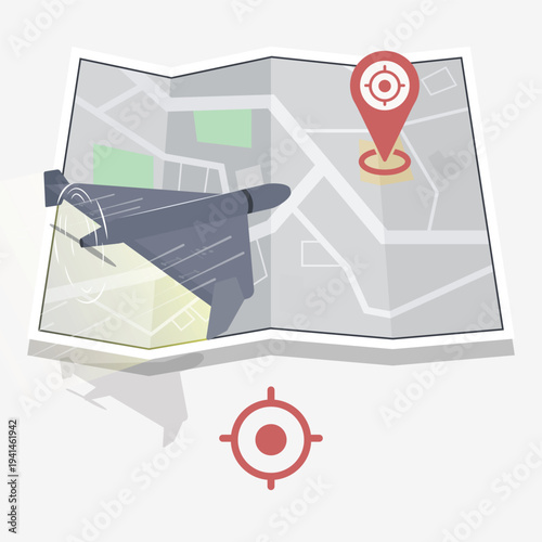 Conceptual illustration of a drone flying over a folded map while scanning and locating a target point marked with a location pin and crosshair symbol
