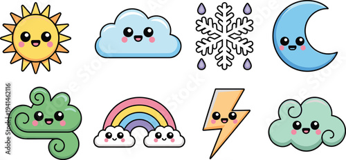 Minimalist Cute Weather Icons Set with Happy Faces in Smooth Line Art Vector Illustration for Kids Forecast and Seasonal Planner Design