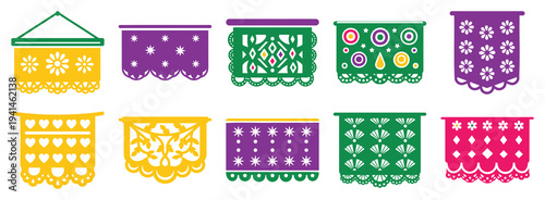 Mexican papel picado banner decoration set traditional fiesta hanging ornament vector