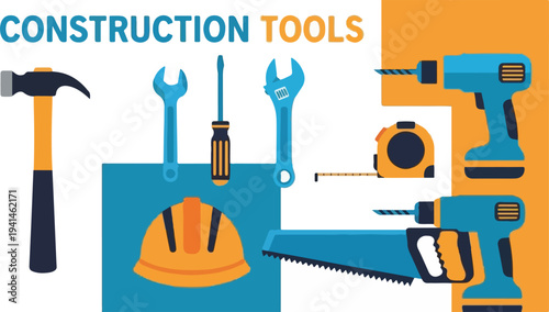 Collection of construction tools including a hammer, screwdriver, wrenches, saw, drill, and measuring tape on a colorful background.