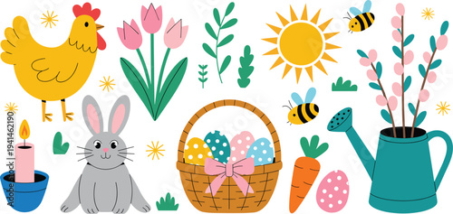 Minimalist flat vector illustration set with Easter bunny chicken eggs basket flowers and gardening watering can for spring