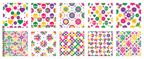 Colorful mexican seamless pattern set with skull flower heart ornament festive vector collection