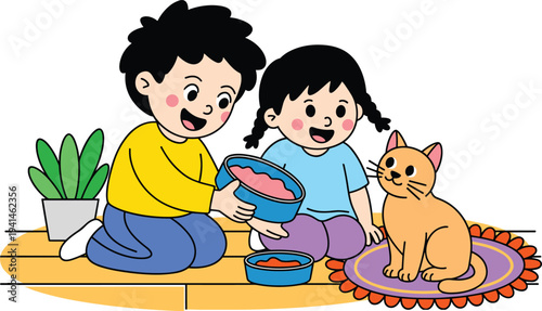 Minimalist vector illustration of a boy and girl feeding their pet ginger cat on a colorful rug at home