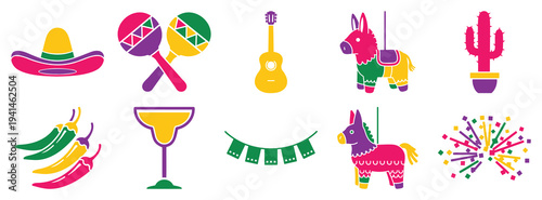 Mexican fiesta icon set sombrero maraca guitar pinata margarita chili celebration vector collection