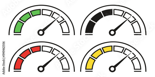 Speedometer Icons: A set of four stylized speedometers, each displaying different levels of measurement, ranging from low to high. It signifies performance, speed, or progress.