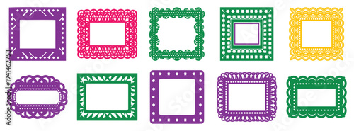 Mexican papel picado decorative frame border set traditional cut paper ornament vector