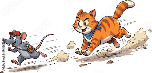 Playful cartoon cat chasing mouse in action scene