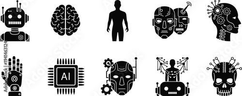 Collection of artificial intelligence icons featuring robot heads digital brain circuits robotic hands and cyborg silhouettes for modern technology designs,