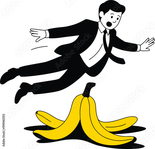 Modern line art design showing business failure or unexpected risk concept with man slipping on banana peel
