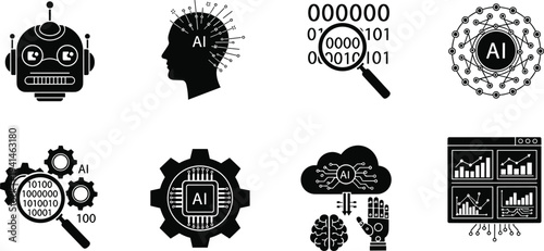 Collection of artificial intelligence icons featuring robot heads neural networks binary data analysis and cloud computing for modern technology designs,