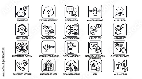 Set of 20 AI Chatbot and Customer Service Line Icons Vector for Digital Assistant, Support Bot, and Data Integration