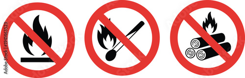 No fire or open flame prohibited sign icon vector set for wildfire prevention and outdoor forest safety regulations