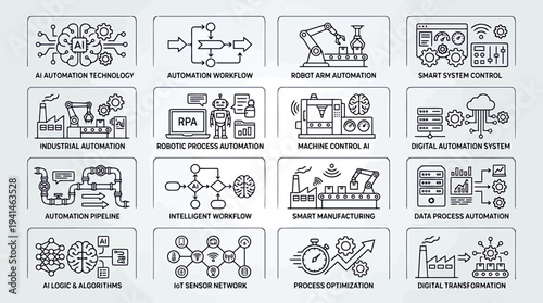 Set of 16 AI, Automation, and Industry 4.0 Vector Icons for Smart Manufacturing, Digital Transformation, and Robotic Process Automation