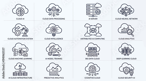 Set of 16 Cloud Computing and Artificial Intelligence Line Icons Vector for AI Server, Data Processing, Machine Learning, and Neural Networks