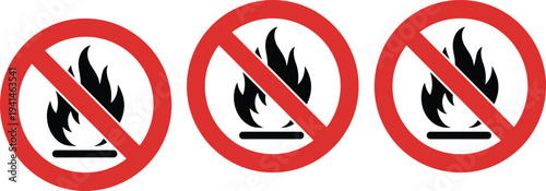 No fire or open flame prohibited sign icon vector set for wildfire prevention and outdoor forest safety regulations