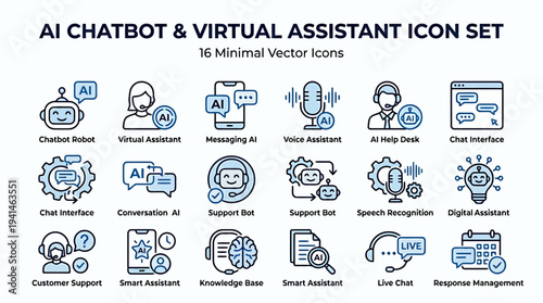 AI Chatbot and Virtual Assistant Icon Set - 16 Minimal Vector Icons for Customer Support, Smart Assistants, and Digital Technology