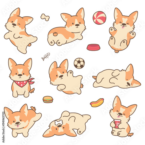 Kawaii puppy. Funny corgi puppies different poses. Cute dog play ball, sleep, eat. Pets cartoon characters, children mascots, nowaday vector clipart