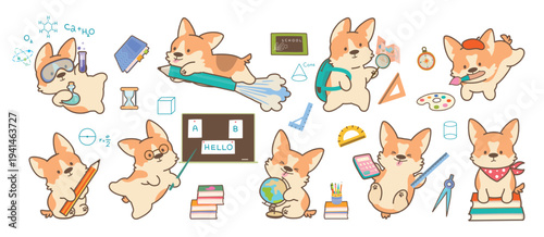 Cartoon funny puppy. Adorable corgi student, back to school stickers. Kawaii dog with pencil, books, globe. Cute puppies study, nowaday vector kit