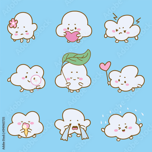 Kawaii clouds set. Tiny cloud different expressions. Cute nature weather elements cries, gets angry, is happy, is in love and holds heart, nowaday vector characters