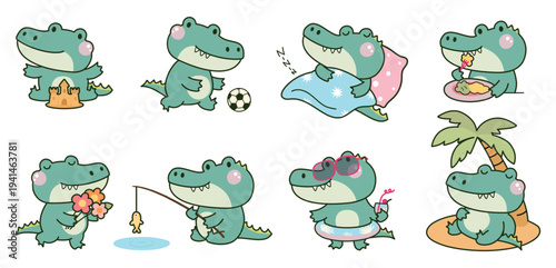 Funny cartoon crocodiles. Kawaii crocodile rest on beach, doing sand castle, play ball, fishing, eating and drink cocktails. Children stickers nowaday vector design