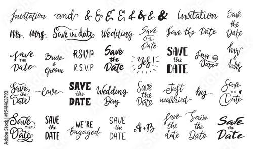 Wedding invitation lettering set. Inscriptions and elements, save the date, love, mr and mrs. Decorative text for banners, ribbons, cards, neoteric vector clipart