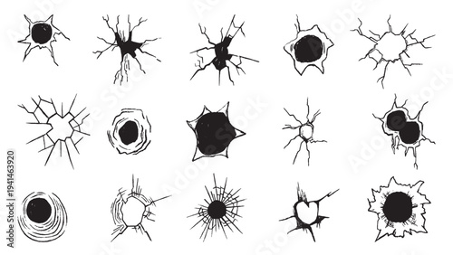 Grunge bullet holes. Cracks of destroyed in concrete, metal, glass. Military elements, gunshot wound and damages. Decorative shooting elements, neoteric vector set