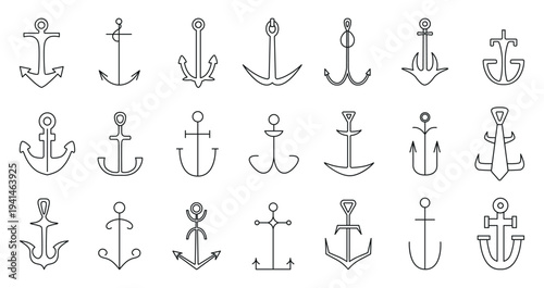 Vintage anchor. Outline nautical elements, anchors simple icons design. Sea ocean adventures symbols, ship boat equipment, neoteric vector clipart