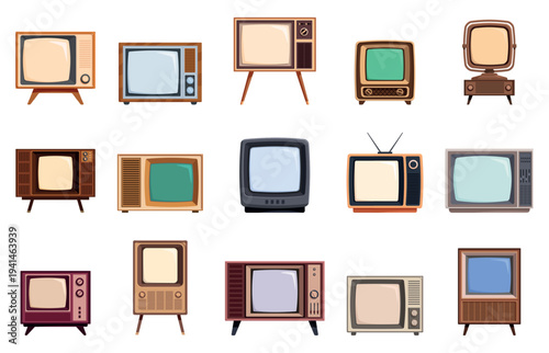 Cartoon retro tv. Vintage televisions, glass screens in wooden and plastic wide housings. Old technology, tube digital technologies, sapid vector icons