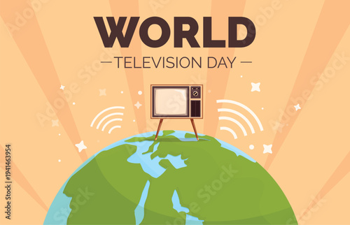 Tv day poster. World television holiday banner. Cartoon retro tv in wide housings stand on globe. Advertising, design for festive, sapid vector background