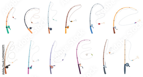 Fishing rods. Cartoon rod with hooks and bobber. Fisherman equipment, spinning, catching fish tools. Isolated accessories for hobby, sapid vector clipart