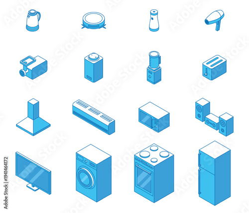Isometric home appliance. Smart vacuum cleaner, hair dryer, cooler, meat grinder, kettle, washing machine, extractor hood. Electronics nifty vector set