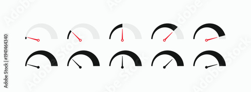 Set of speedometer and gauge vector icons showing various speed levels. Performance indicators for dashboard, progress tracking, and internet speed test in flat design