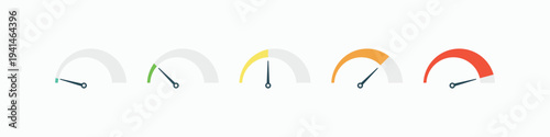 Five progress indicators show increasing levels from pale to bright red. Each gauge has a simple needle and curved arc design. Minimalist style fits digital interfaces or dashboards