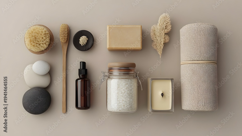 Naklejka premium Minimal Self Care Spa Still Life With Neutral Tones And Natural Wellness Elements. Concept: Self Care, Wellness Lifestyle, Spa Aesthetic, Mindfulness, Beauty And Relaxation