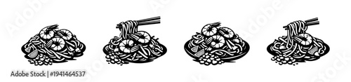 Black and white vector illustration of asian noodles with shrimp and chopsticks silhouette