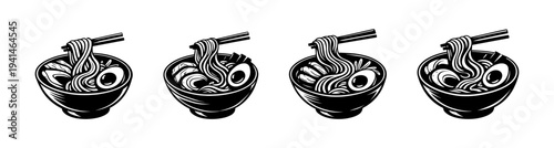 Black and white ramen bowl silhouette with chopsticks illustration set